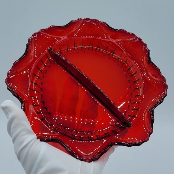 Vintage Red Glass Scalloped Wavy Divided Dish #1389 - Picture 10 of 15